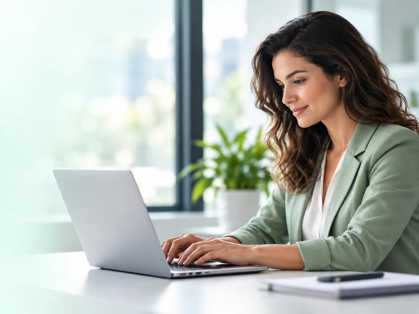 Profissional adulta sentada digitando no notebook em um escritório